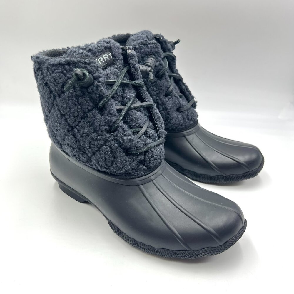 Sperry Womens Size 6 Saltwater Sherpa‎ Black Blue Duck Boots Shoes STS87769